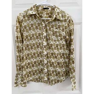 J Crew 100% Cotton Green Brown Print Button Top Blouse Size Small Lightweight S